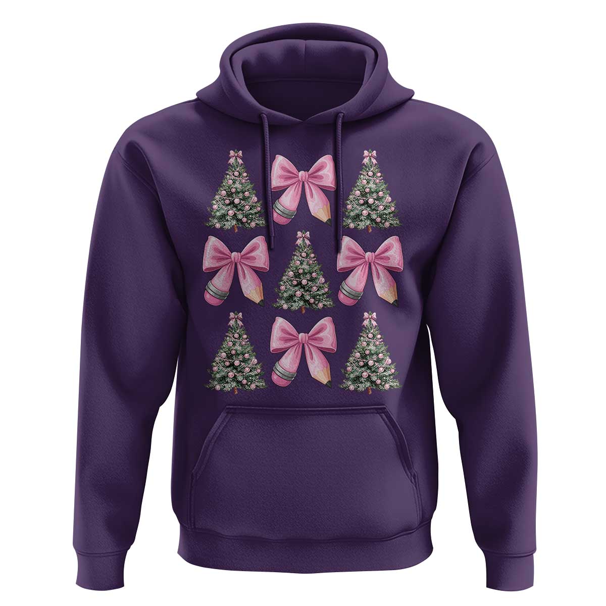 Coquette Bow Christmas Hoodie Girly Xmas Tree Teacher Pencil Bow - Wonder Print Shop