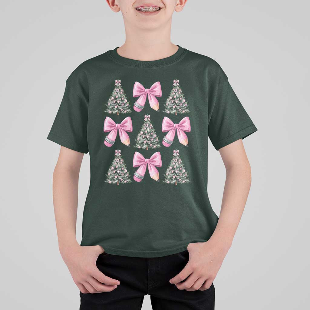 Coquette Bow Christmas T Shirt For Kid Girly Xmas Tree Teacher Pencil Bow - Wonder Print Shop