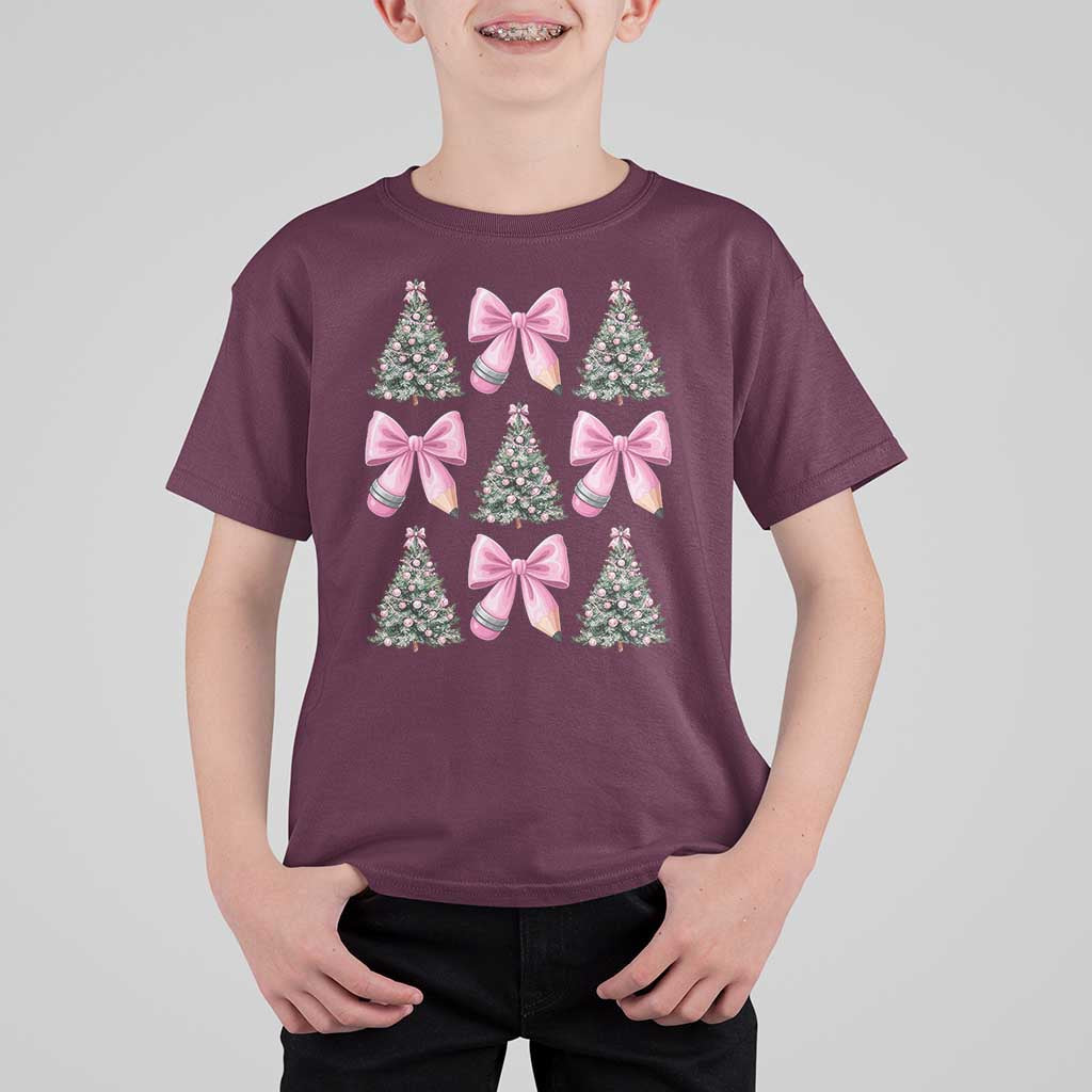 Coquette Bow Christmas T Shirt For Kid Girly Xmas Tree Teacher Pencil Bow - Wonder Print Shop