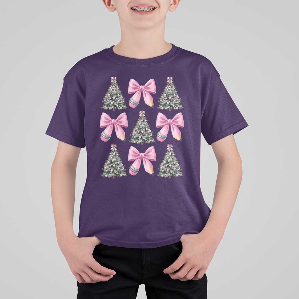 Coquette Bow Christmas T Shirt For Kid Girly Xmas Tree Teacher Pencil Bow - Wonder Print Shop