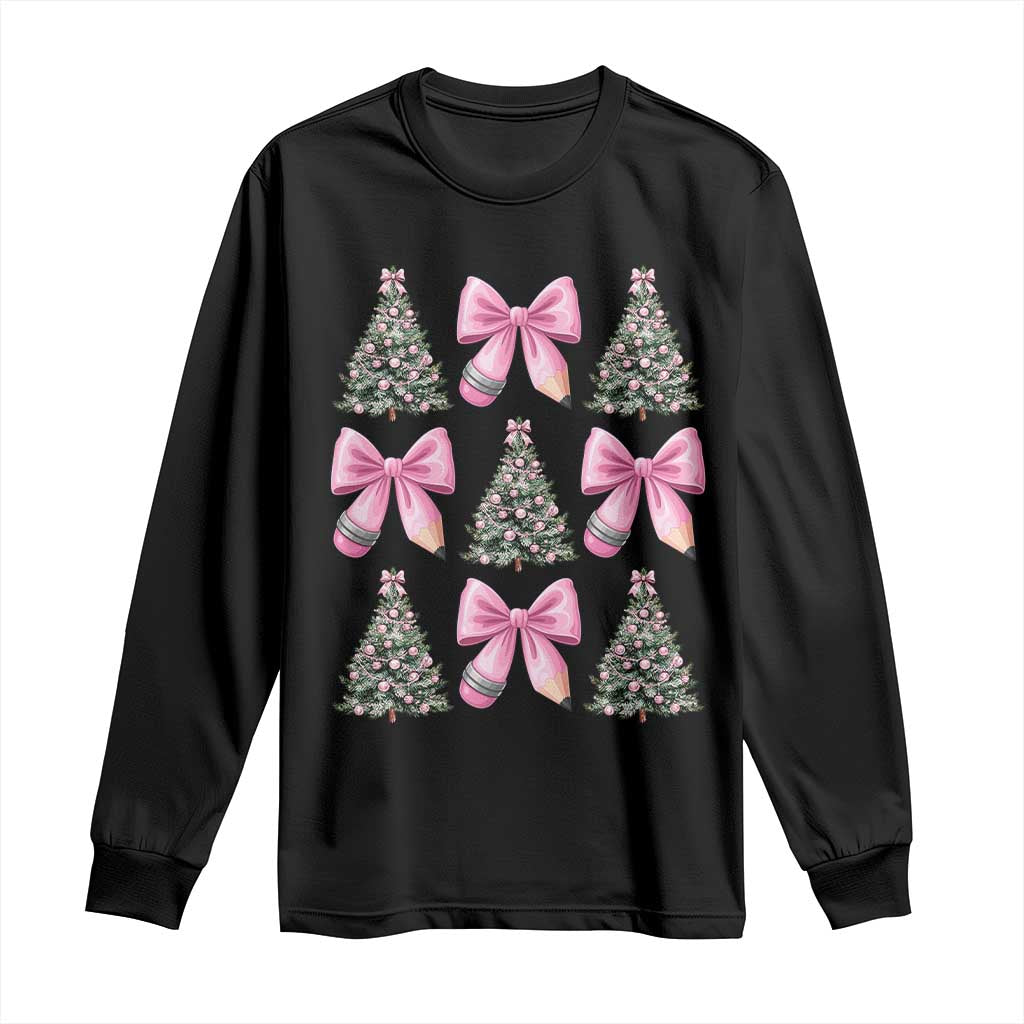 Coquette Bow Christmas Long Sleeve Shirt Girly Xmas Tree Teacher Pencil Bow - Wonder Print Shop