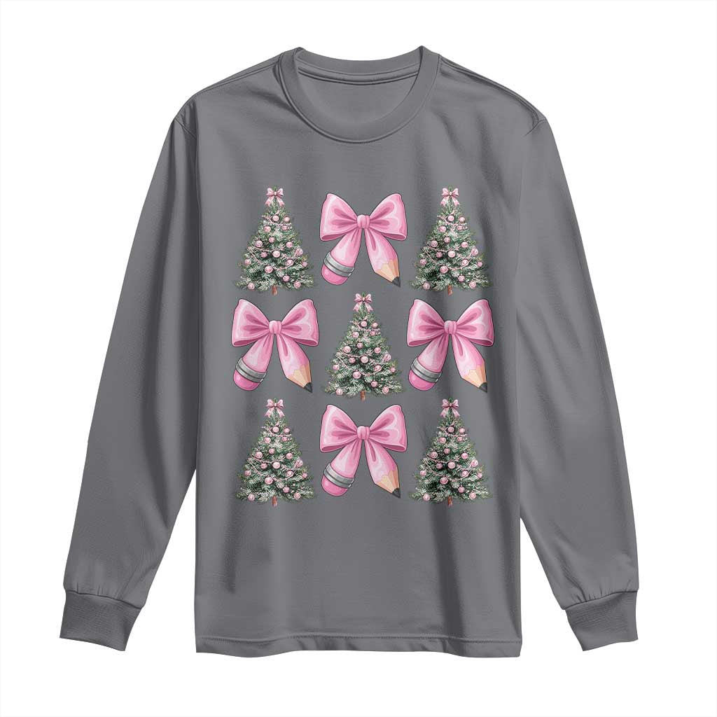 Coquette Bow Christmas Long Sleeve Shirt Girly Xmas Tree Teacher Pencil Bow - Wonder Print Shop