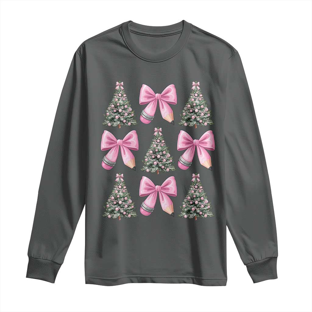 Coquette Bow Christmas Long Sleeve Shirt Girly Xmas Tree Teacher Pencil Bow - Wonder Print Shop