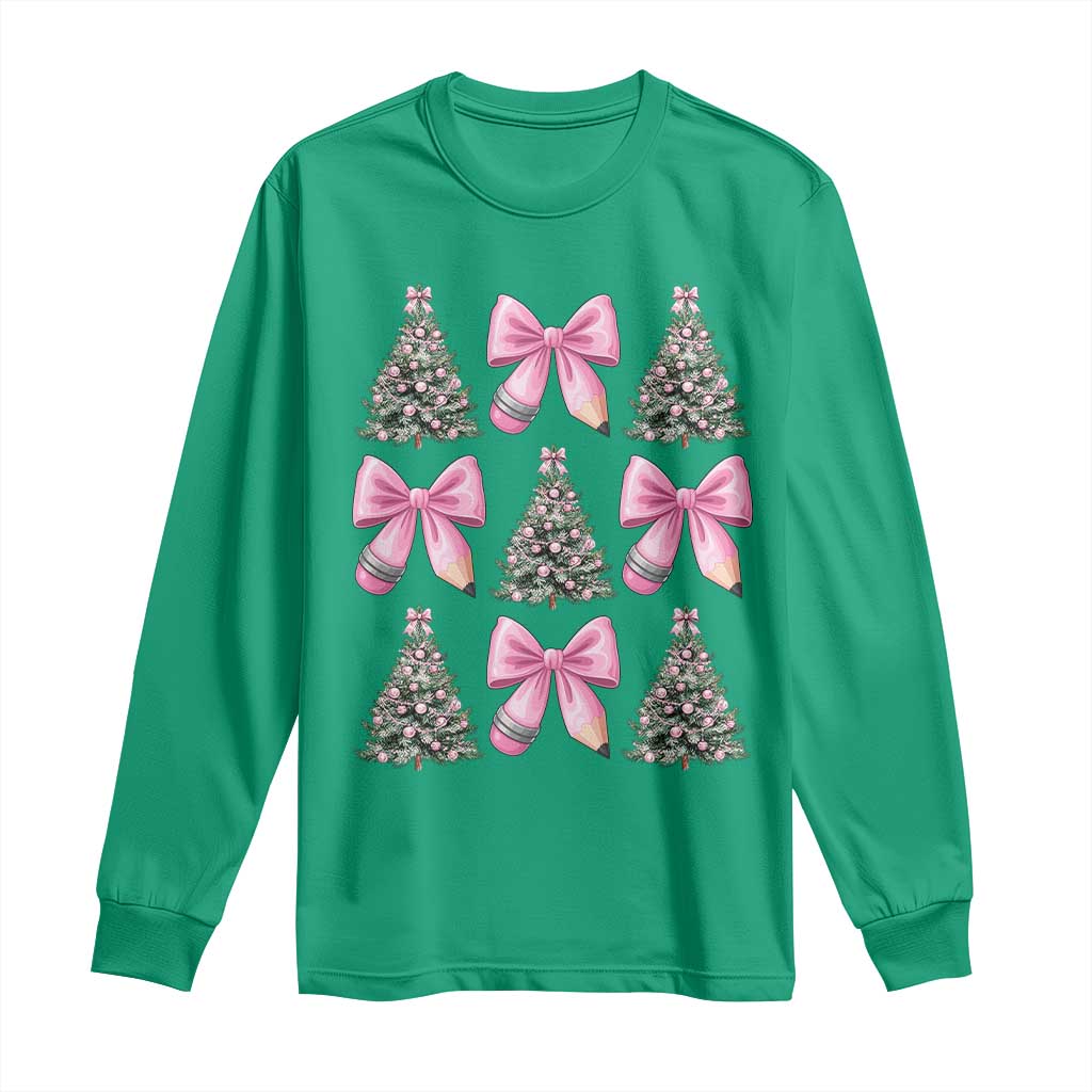 Coquette Bow Christmas Long Sleeve Shirt Girly Xmas Tree Teacher Pencil Bow - Wonder Print Shop
