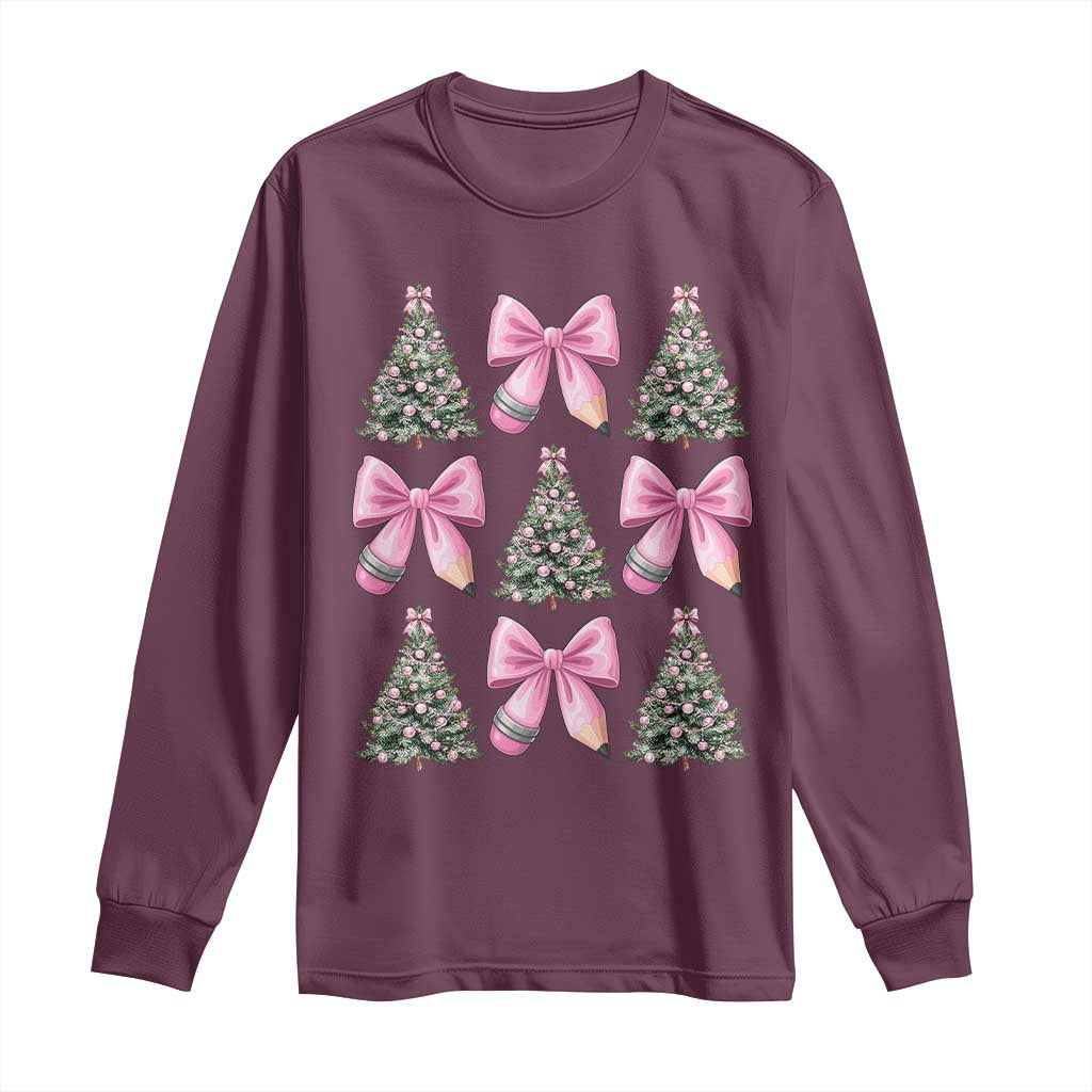 Coquette Bow Christmas Long Sleeve Shirt Girly Xmas Tree Teacher Pencil Bow - Wonder Print Shop