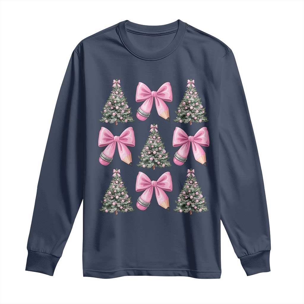 Coquette Bow Christmas Long Sleeve Shirt Girly Xmas Tree Teacher Pencil Bow - Wonder Print Shop