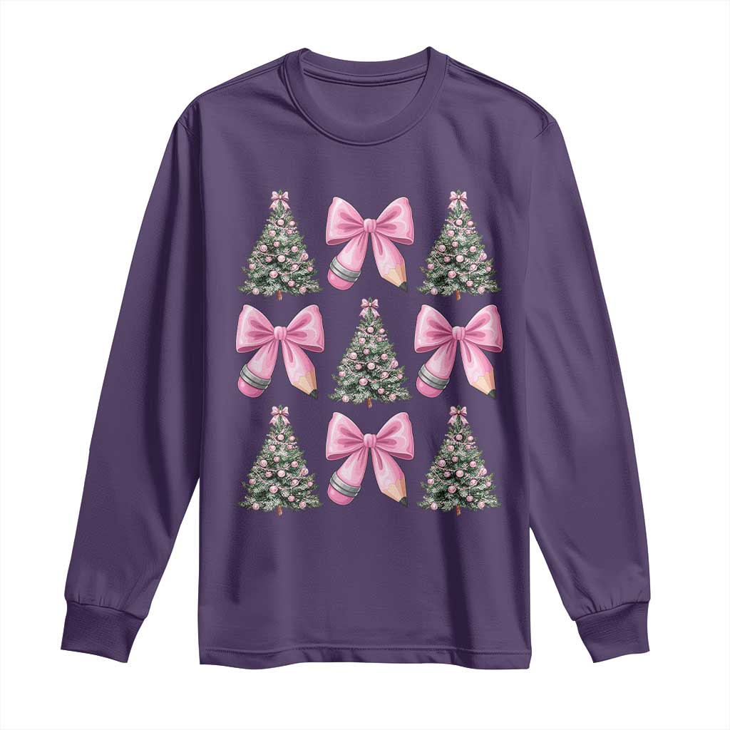 Coquette Bow Christmas Long Sleeve Shirt Girly Xmas Tree Teacher Pencil Bow - Wonder Print Shop