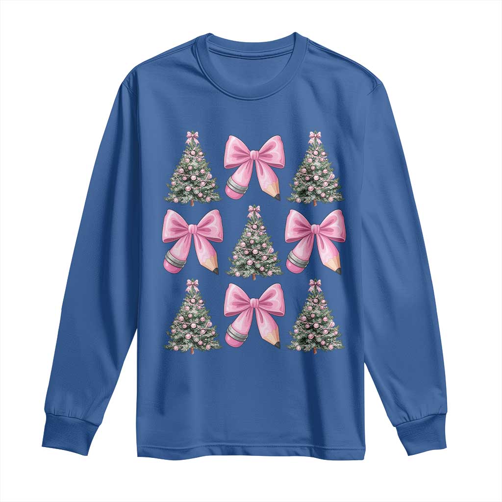Coquette Bow Christmas Long Sleeve Shirt Girly Xmas Tree Teacher Pencil Bow - Wonder Print Shop