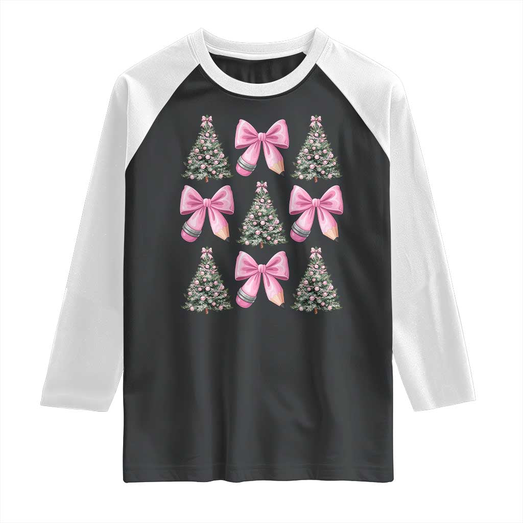 Coquette Bow Christmas Raglan Shirt Girly Xmas Tree Teacher Pencil Bow - Wonder Print Shop