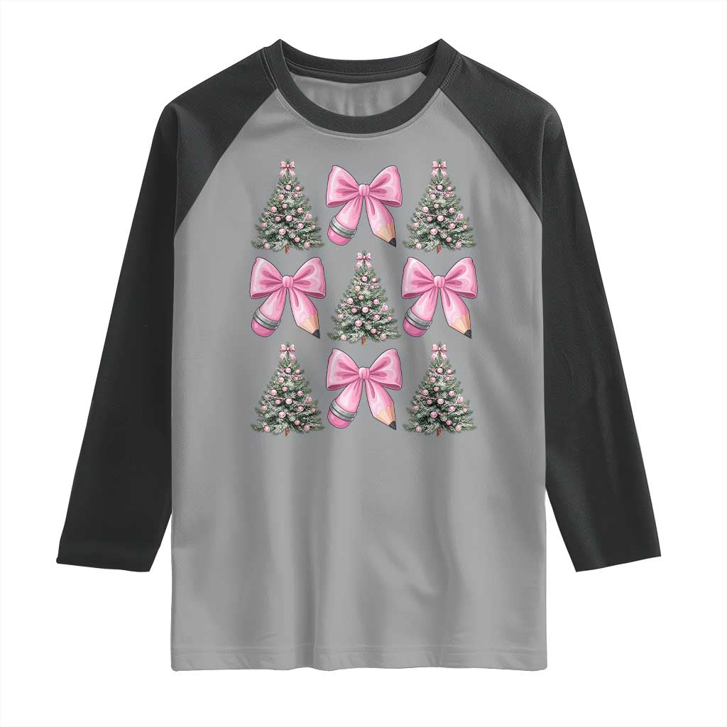 Coquette Bow Christmas Raglan Shirt Girly Xmas Tree Teacher Pencil Bow - Wonder Print Shop