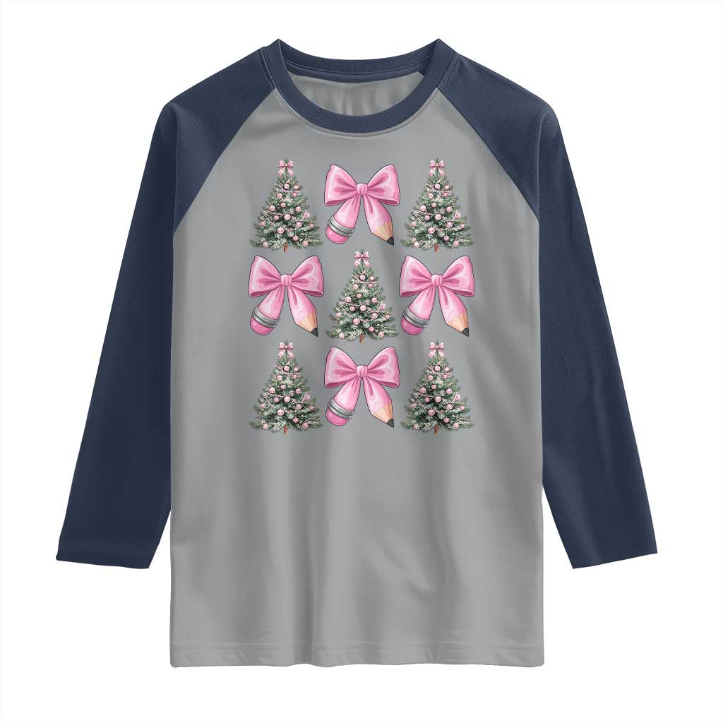 Coquette Bow Christmas Raglan Shirt Girly Xmas Tree Teacher Pencil Bow - Wonder Print Shop