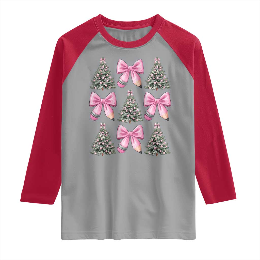 Coquette Bow Christmas Raglan Shirt Girly Xmas Tree Teacher Pencil Bow - Wonder Print Shop