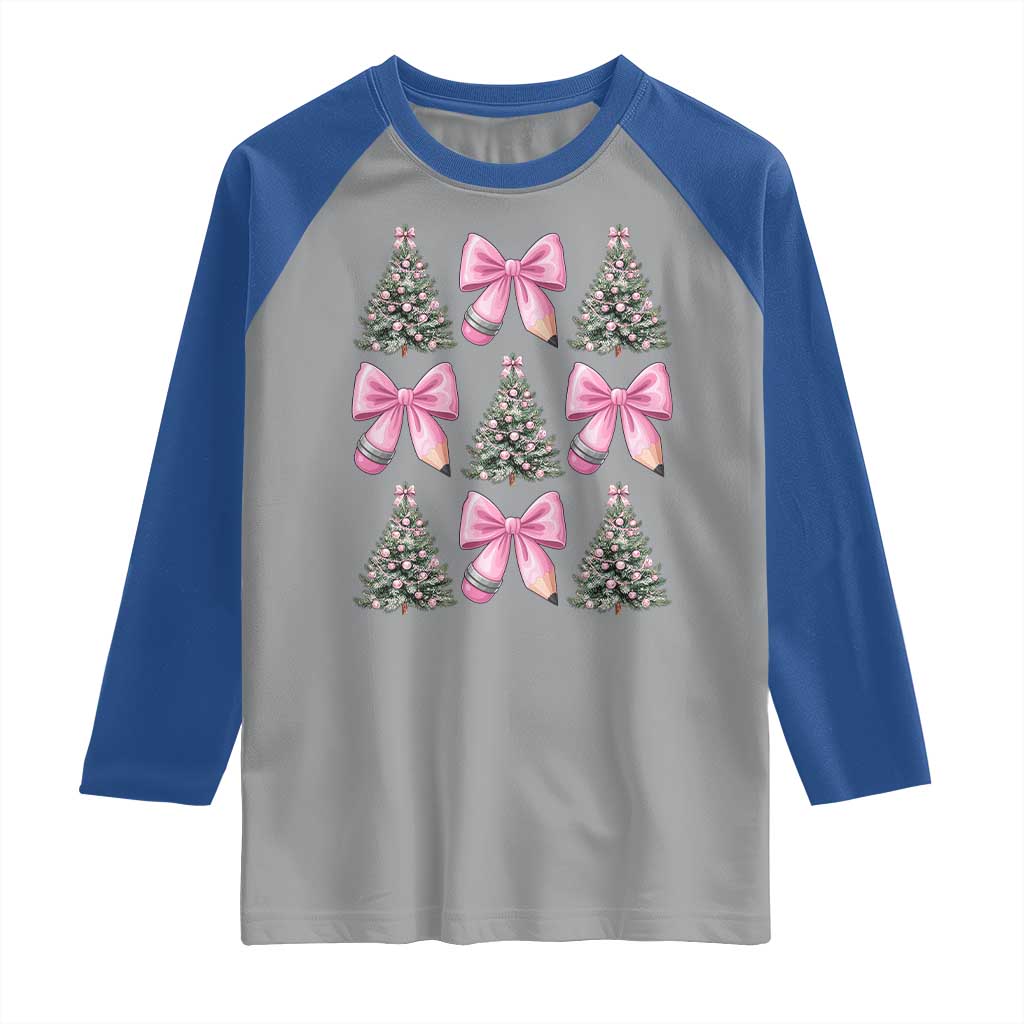 Coquette Bow Christmas Raglan Shirt Girly Xmas Tree Teacher Pencil Bow - Wonder Print Shop