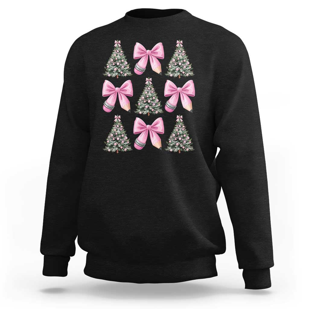 Coquette Bow Christmas Sweatshirt Girly Xmas Tree Teacher Pencil Bow - Wonder Print Shop