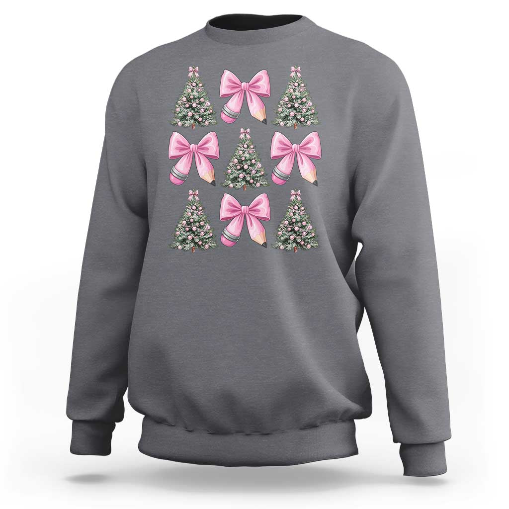 Coquette Bow Christmas Sweatshirt Girly Xmas Tree Teacher Pencil Bow - Wonder Print Shop