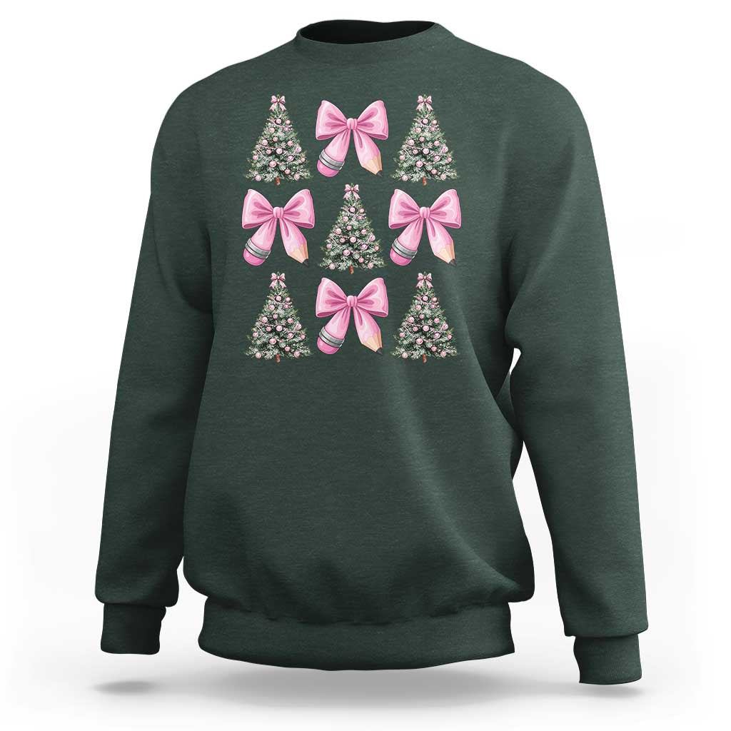 Coquette Bow Christmas Sweatshirt Girly Xmas Tree Teacher Pencil Bow - Wonder Print Shop