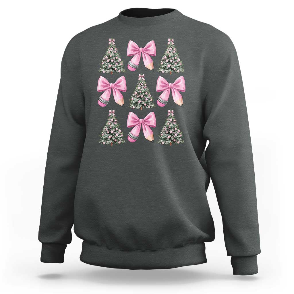 Coquette Bow Christmas Sweatshirt Girly Xmas Tree Teacher Pencil Bow - Wonder Print Shop