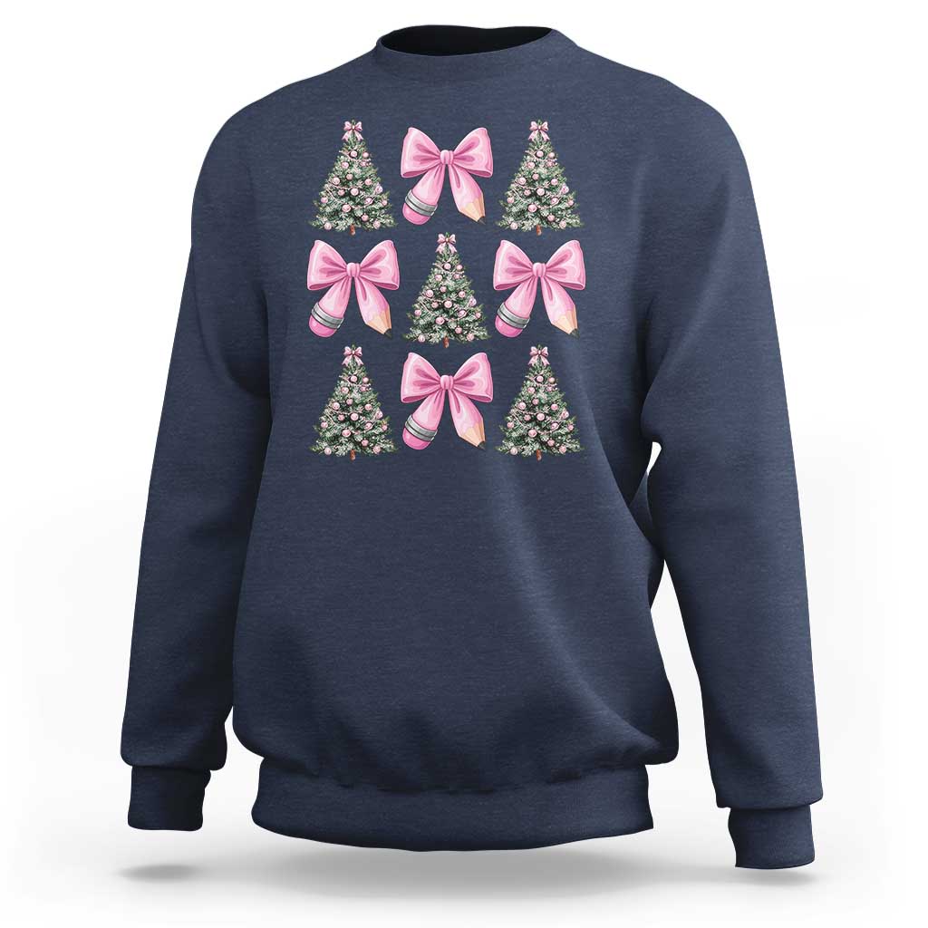 Coquette Bow Christmas Sweatshirt Girly Xmas Tree Teacher Pencil Bow - Wonder Print Shop