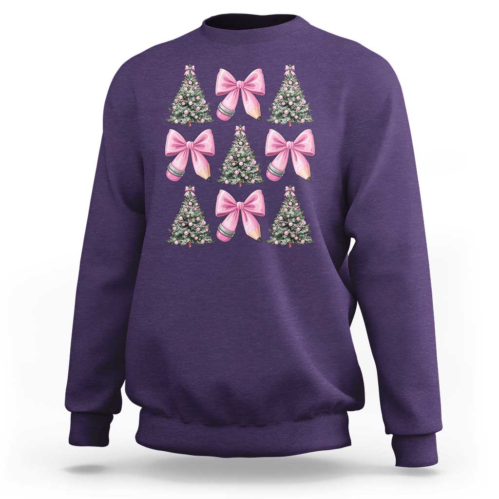 Coquette Bow Christmas Sweatshirt Girly Xmas Tree Teacher Pencil Bow - Wonder Print Shop
