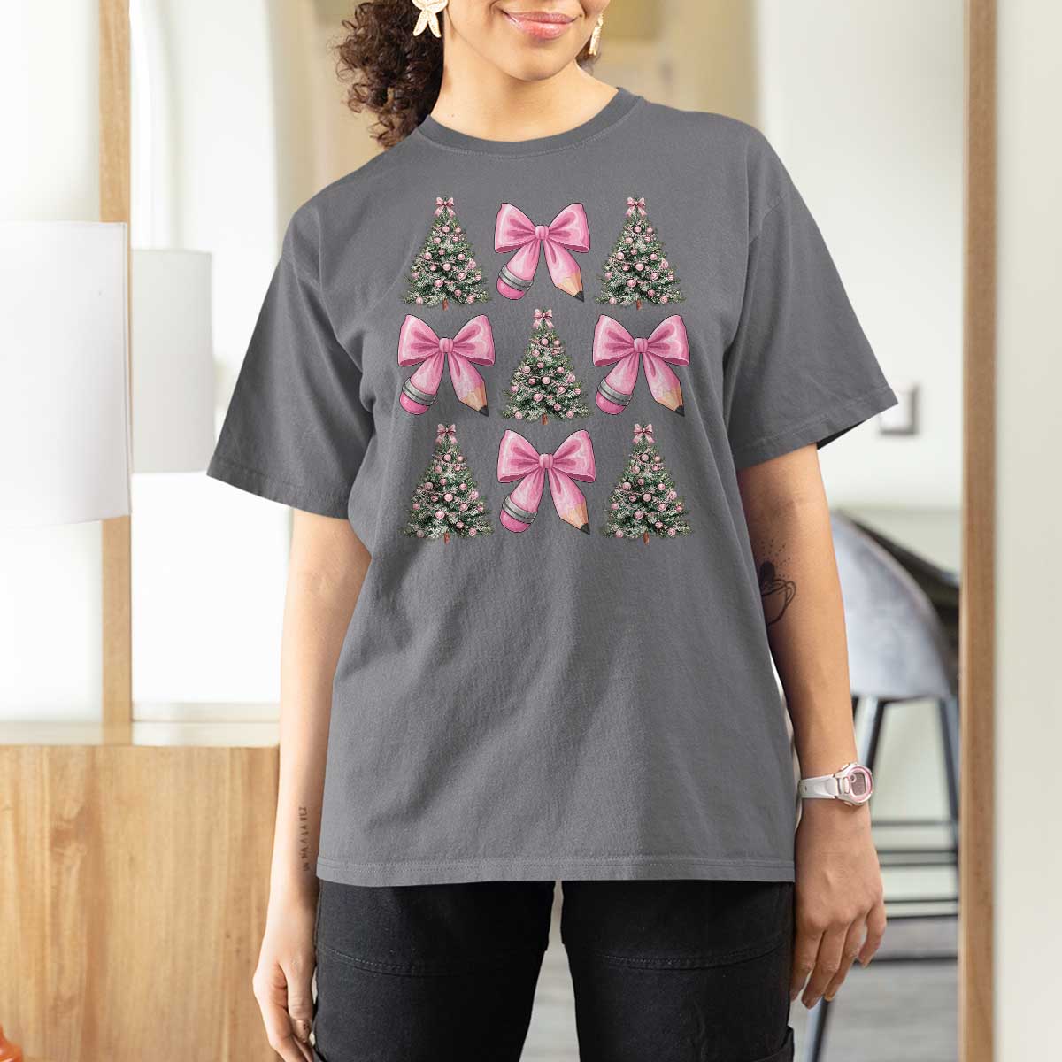 Coquette Bow Christmas T Shirt For Women Girly Xmas Tree Teacher Pencil Bow - Wonder Print Shop