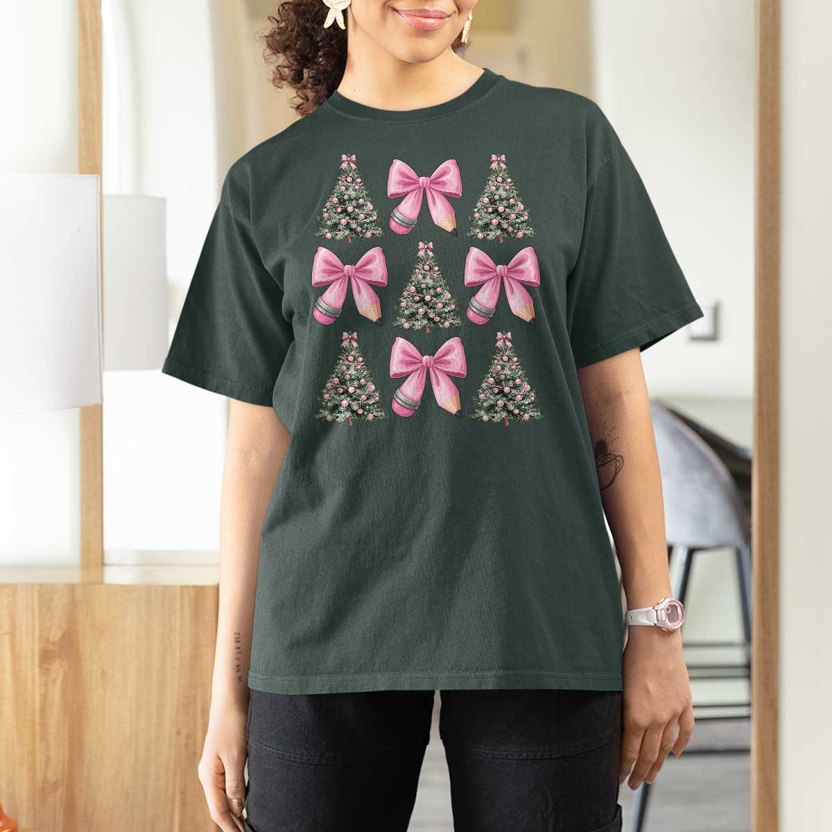 Coquette Bow Christmas T Shirt For Women Girly Xmas Tree Teacher Pencil Bow - Wonder Print Shop