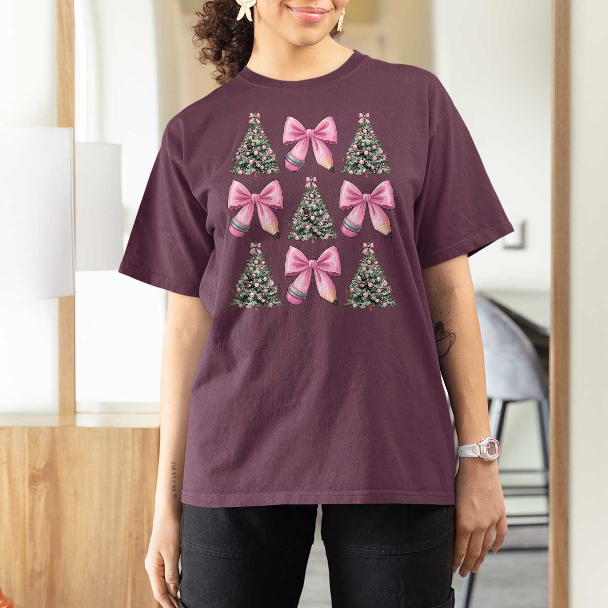 Coquette Bow Christmas T Shirt For Women Girly Xmas Tree Teacher Pencil Bow - Wonder Print Shop