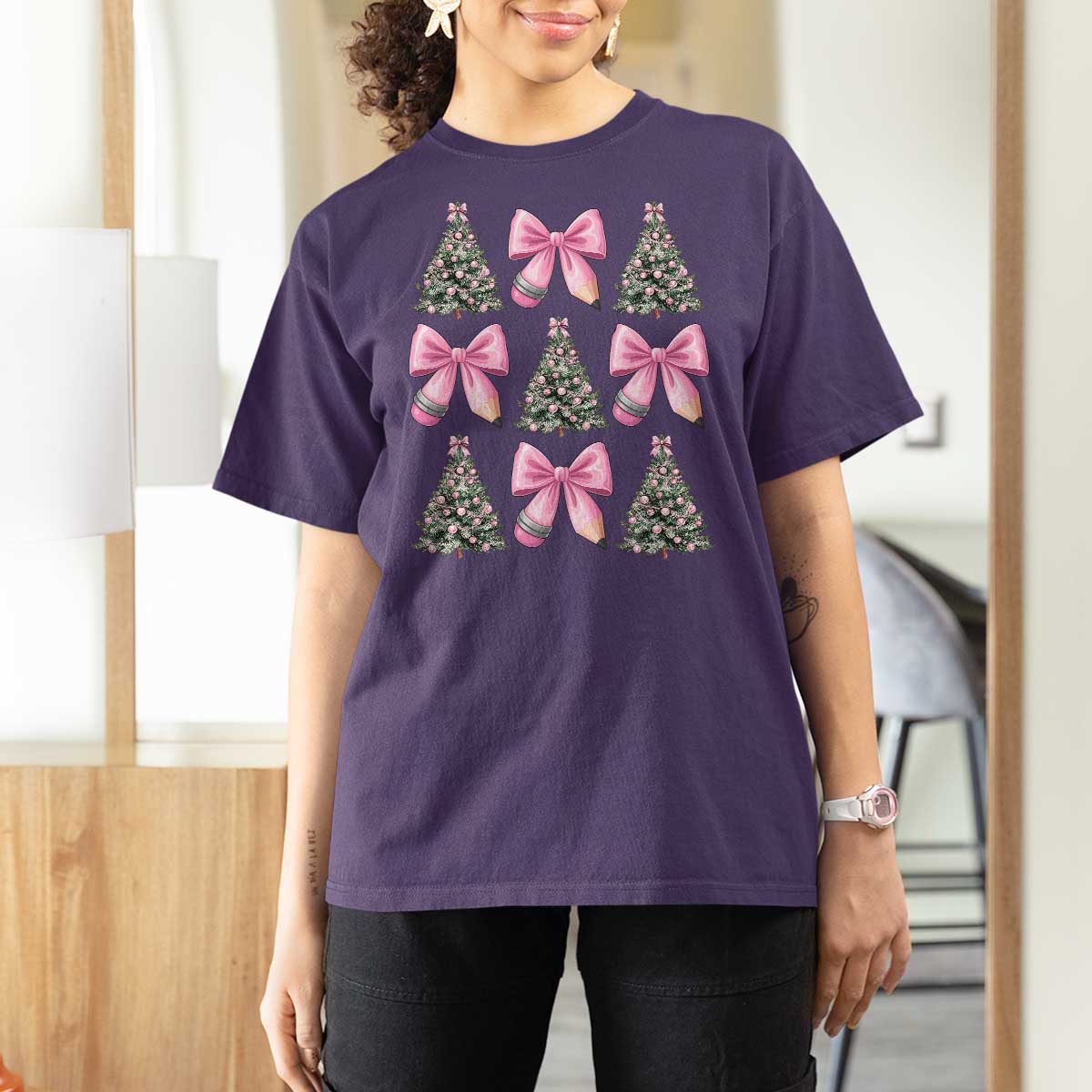 Coquette Bow Christmas T Shirt For Women Girly Xmas Tree Teacher Pencil Bow - Wonder Print Shop
