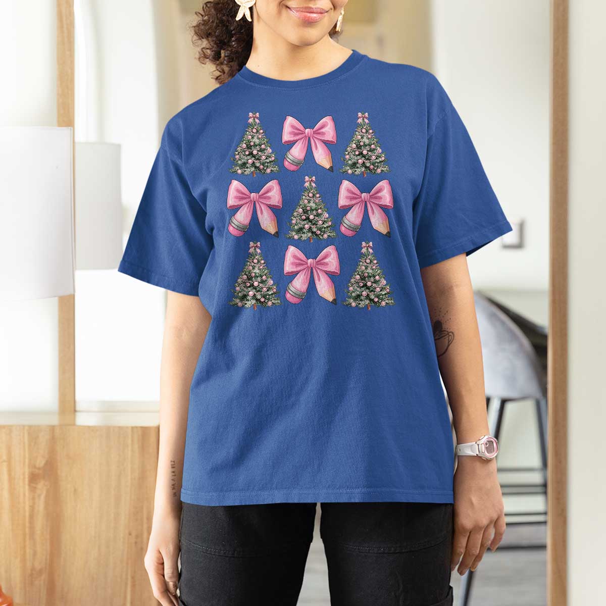 Coquette Bow Christmas T Shirt For Women Girly Xmas Tree Teacher Pencil Bow - Wonder Print Shop