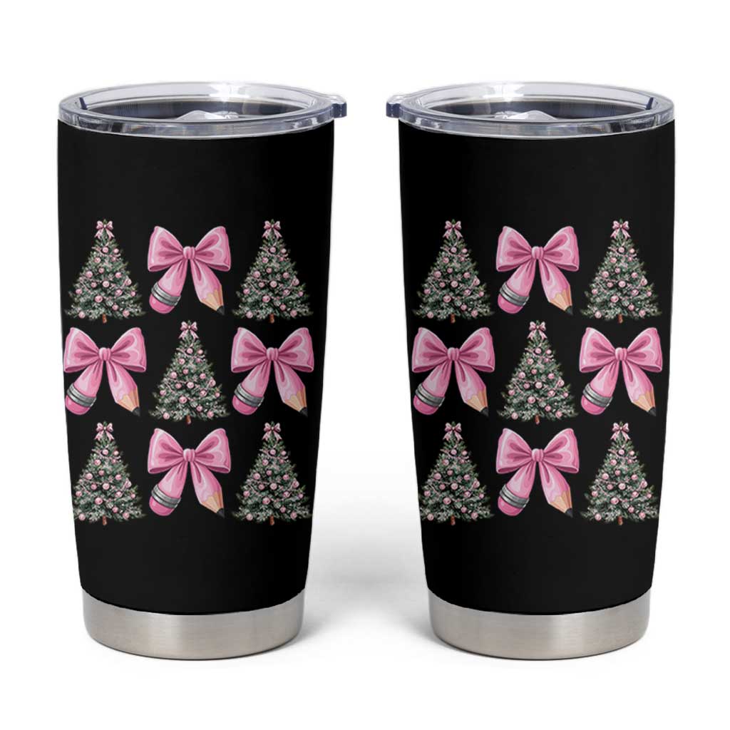 Coquette Bow Christmas Tumbler Cup Girly Xmas Tree Teacher Pencil Bow - Wonder Print Shop