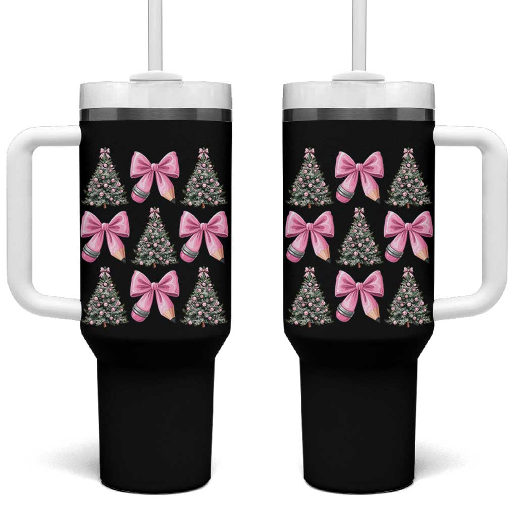 Coquette Bow Christmas Tumbler With Handle Girly Xmas Tree Teacher Pencil Bow - Wonder Print Shop
