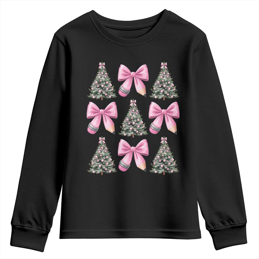 Coquette Bow Christmas Youth Sweatshirt Girly Xmas Tree Teacher Pencil Bow - Wonder Print Shop