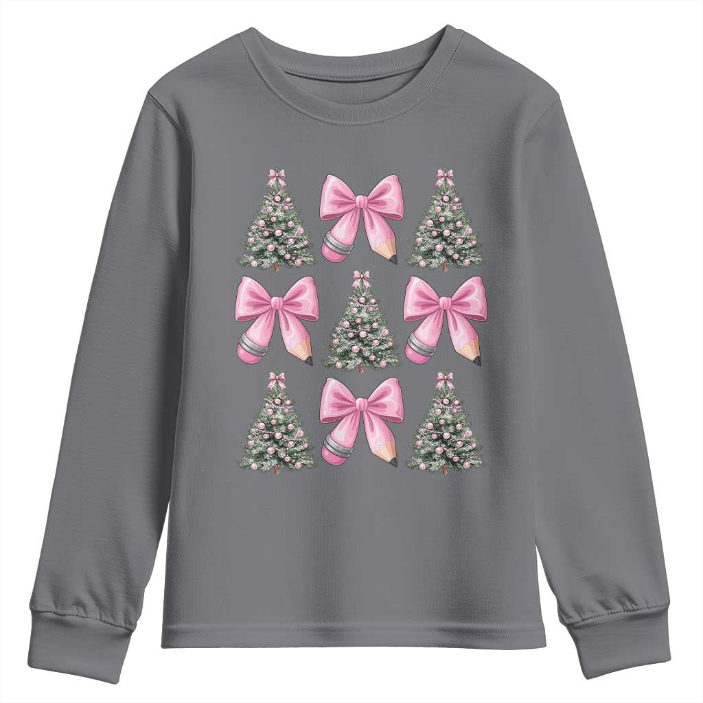Coquette Bow Christmas Youth Sweatshirt Girly Xmas Tree Teacher Pencil Bow - Wonder Print Shop