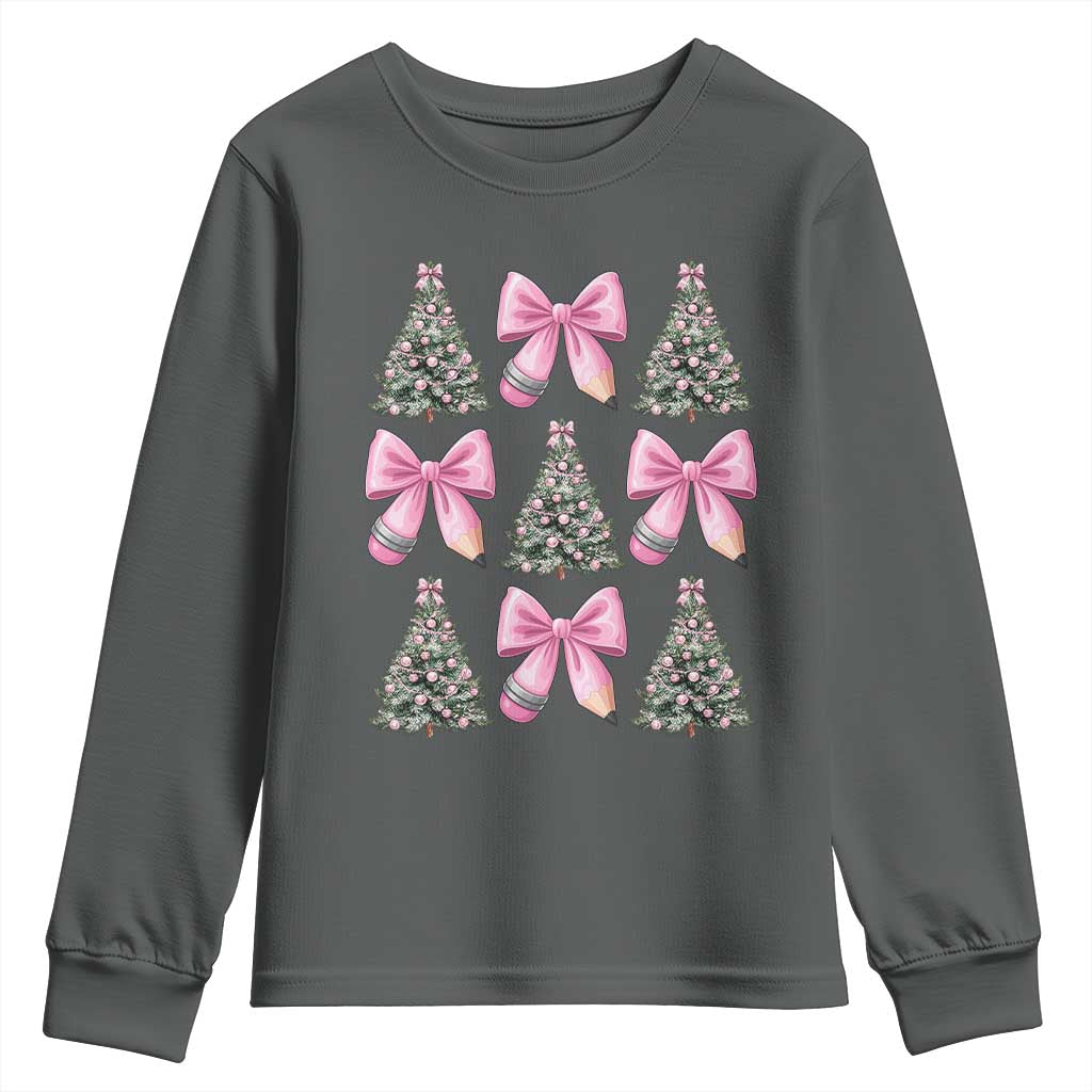 Coquette Bow Christmas Youth Sweatshirt Girly Xmas Tree Teacher Pencil Bow - Wonder Print Shop