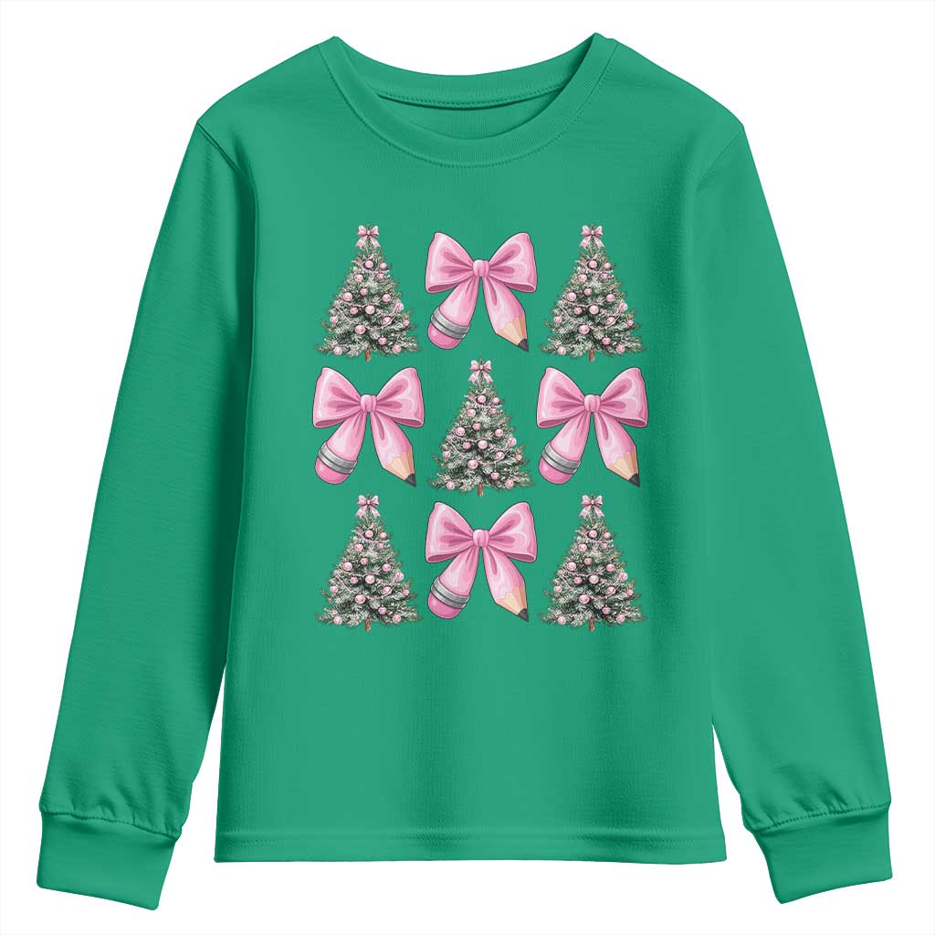Coquette Bow Christmas Youth Sweatshirt Girly Xmas Tree Teacher Pencil Bow - Wonder Print Shop