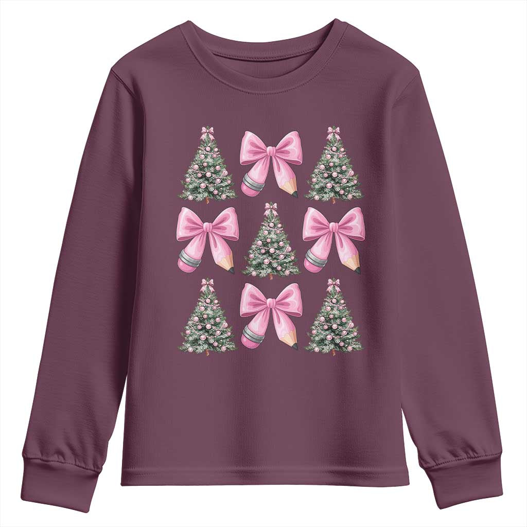 Coquette Bow Christmas Youth Sweatshirt Girly Xmas Tree Teacher Pencil Bow - Wonder Print Shop