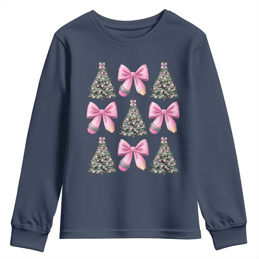 Coquette Bow Christmas Youth Sweatshirt Girly Xmas Tree Teacher Pencil Bow - Wonder Print Shop