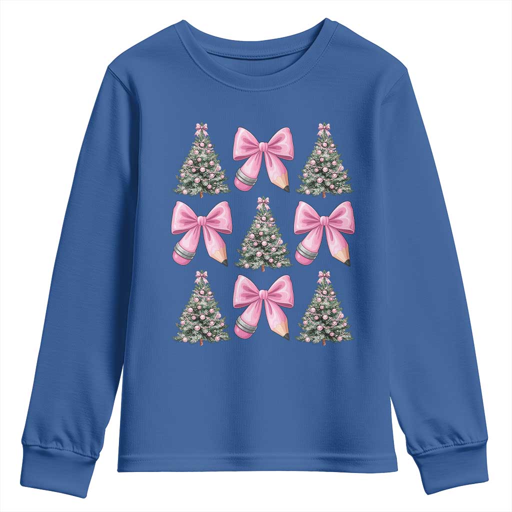 Coquette Bow Christmas Youth Sweatshirt Girly Xmas Tree Teacher Pencil Bow - Wonder Print Shop
