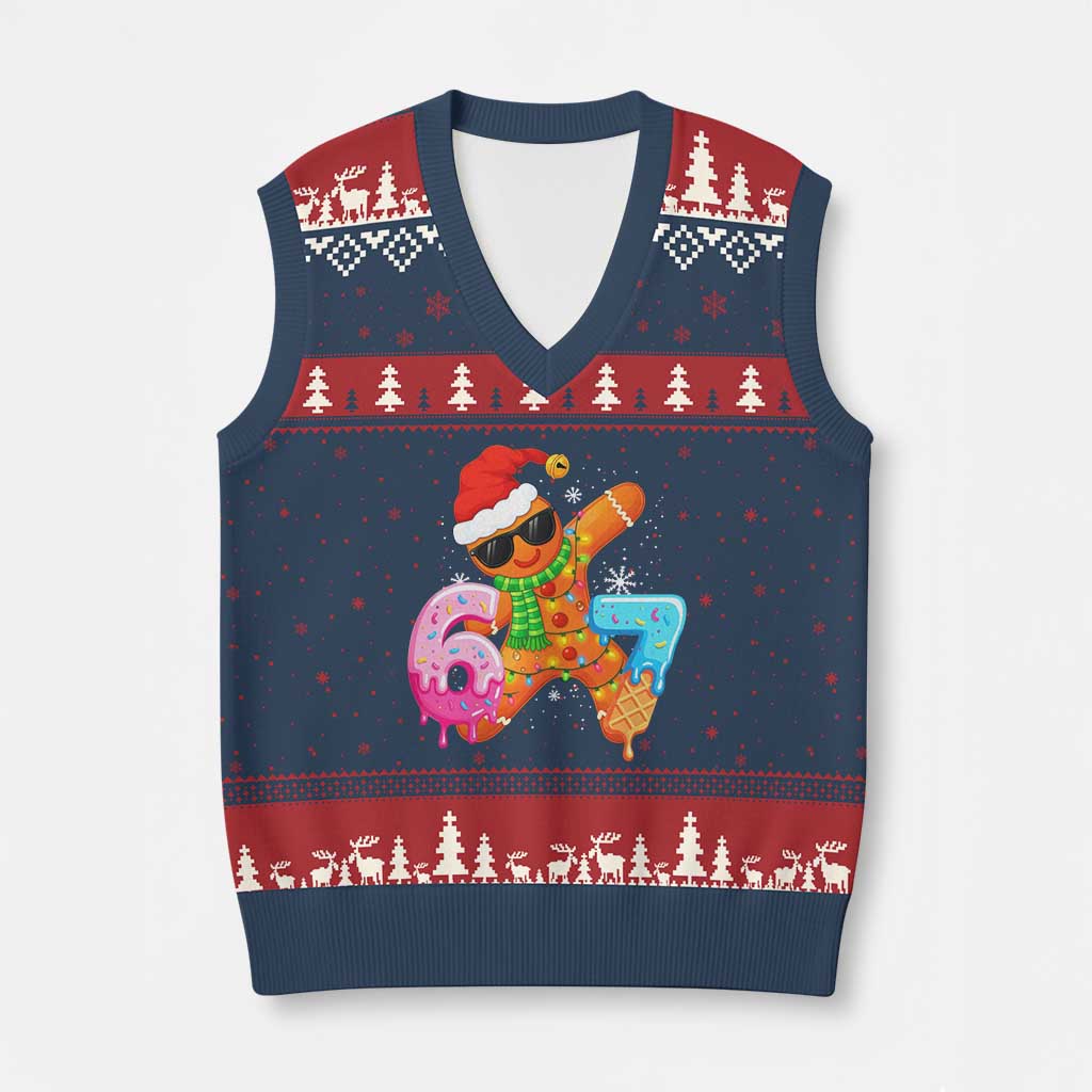 Funny 67 Meme Gingerbread Xmas V-Neck Knit Sweater Vest Six Seven Ice Cream Drip Boys - Wonder Print Shop