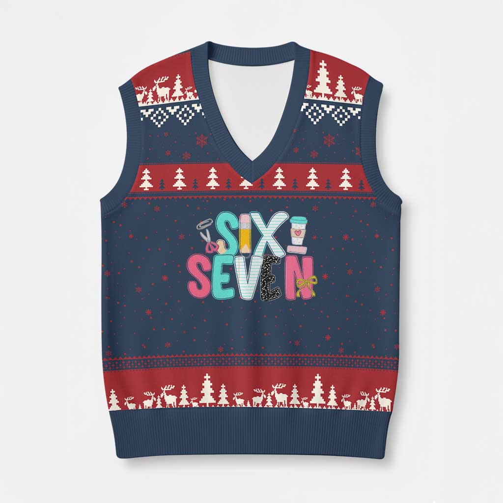 Funny Teacher Six Seven V-Neck Knit Sweater Vest 6 7 Meme - Wonder Print Shop