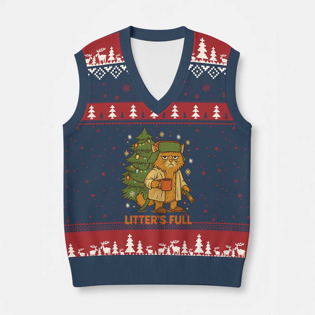 Litters Full V-Neck Knit Sweater Vest Funny Xmas Vacation Cat - Wonder Print Shop