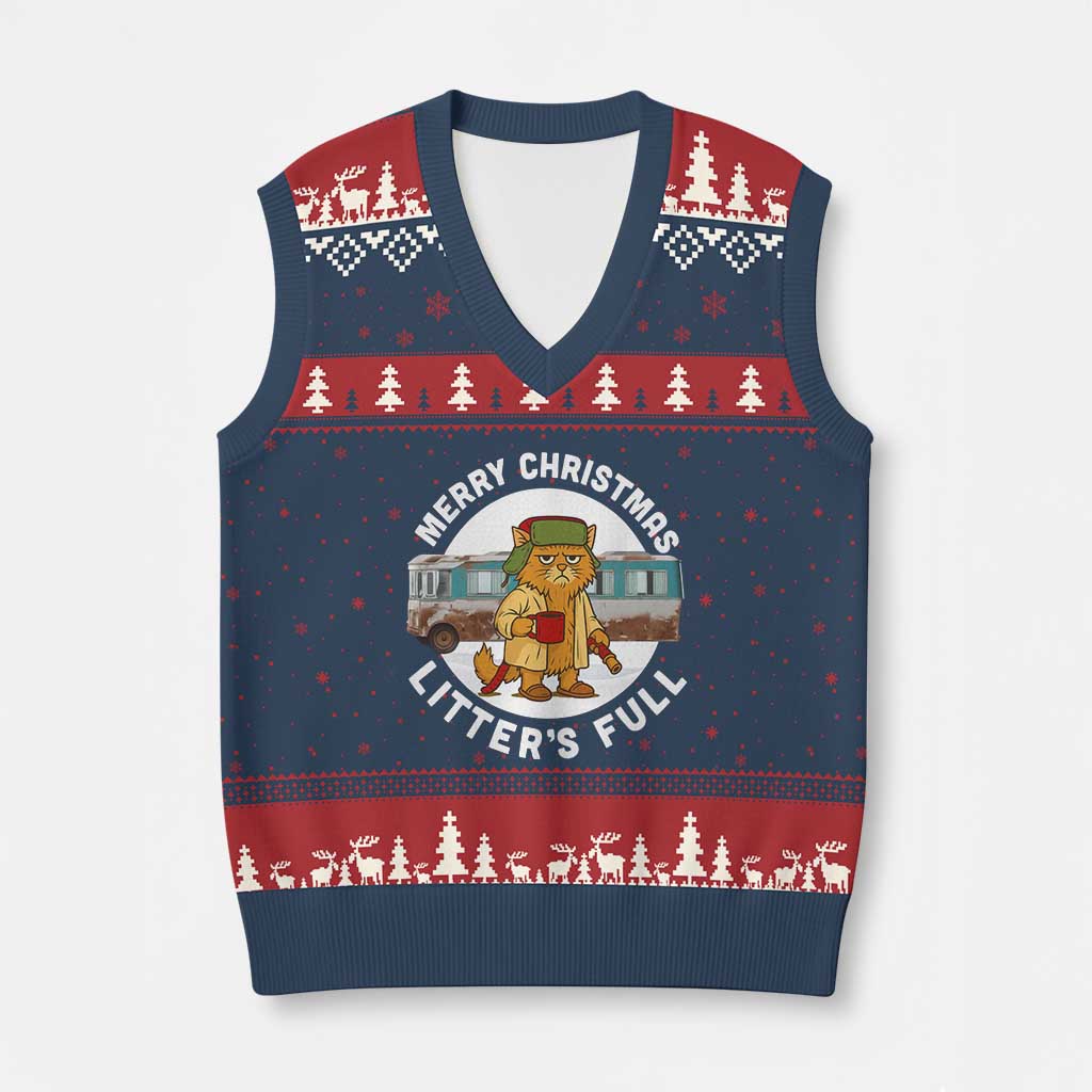 Merry Xmas Litters Full V-Neck Knit Sweater Vest Funny Xmas Vacation Cat - Wonder Print Shop
