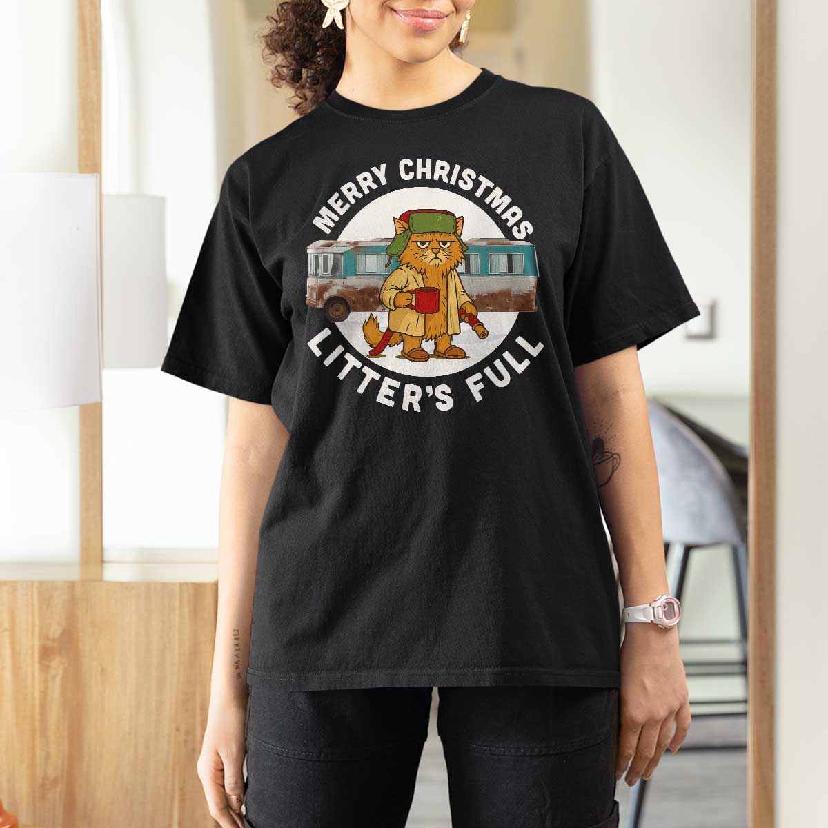 Merry Christmas Litters Full T Shirt For Women Funny Christmas Vacation Cat - Wonder Print Shop