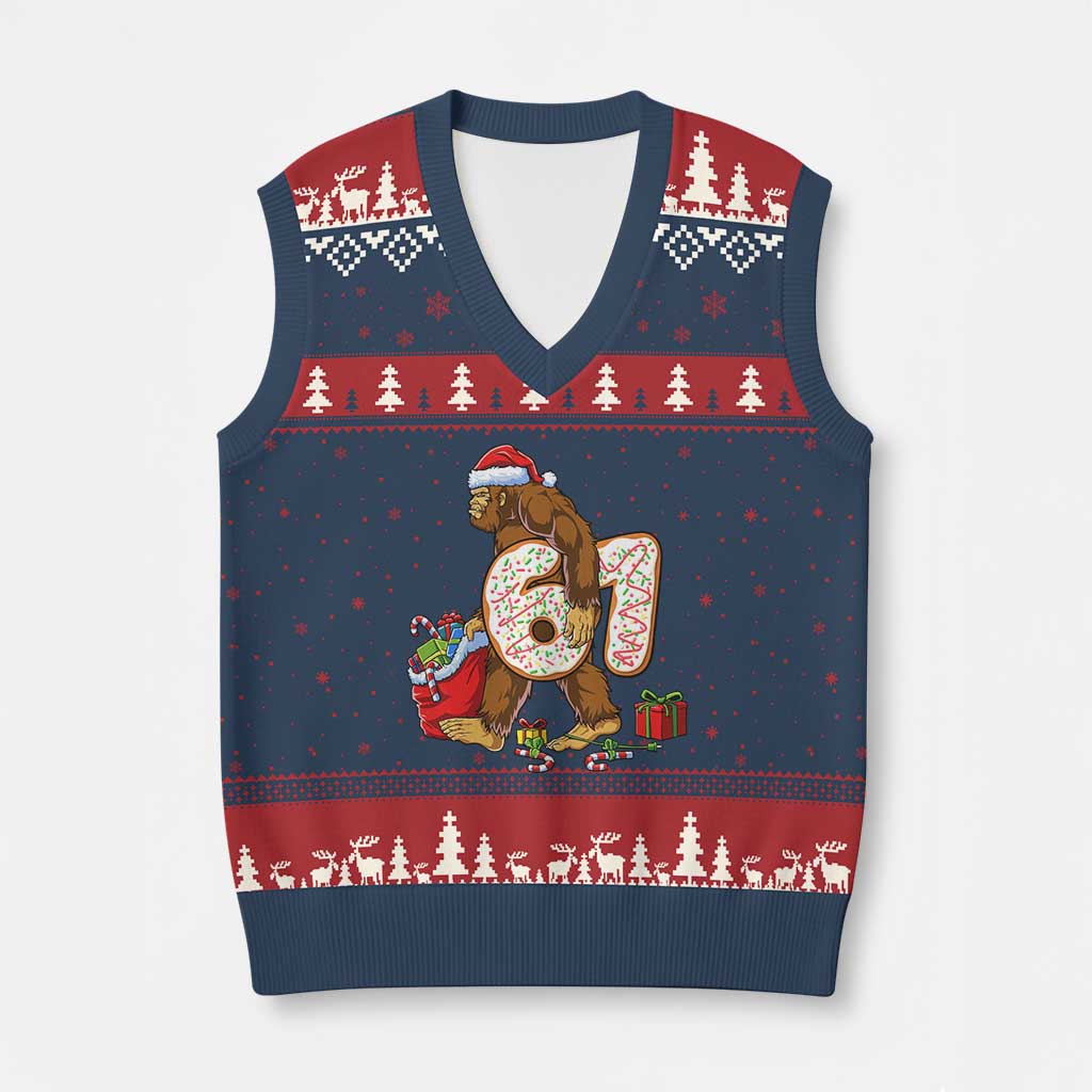 Xmas Bigfoot 67 Meme V-Neck Knit Sweater Vest Funny Six Seven Gen Alpha Slang Sasquatch - Wonder Print Shop