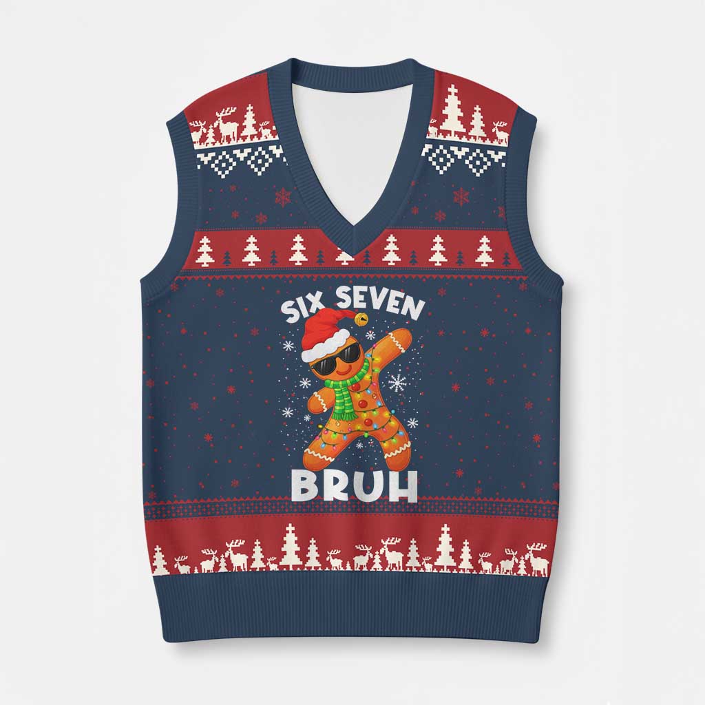 67 Xmas Six Seven Bruh Gingerbread V-Neck Knit Sweater Vest Funny Six Seven Meme Boys - Wonder Print Shop