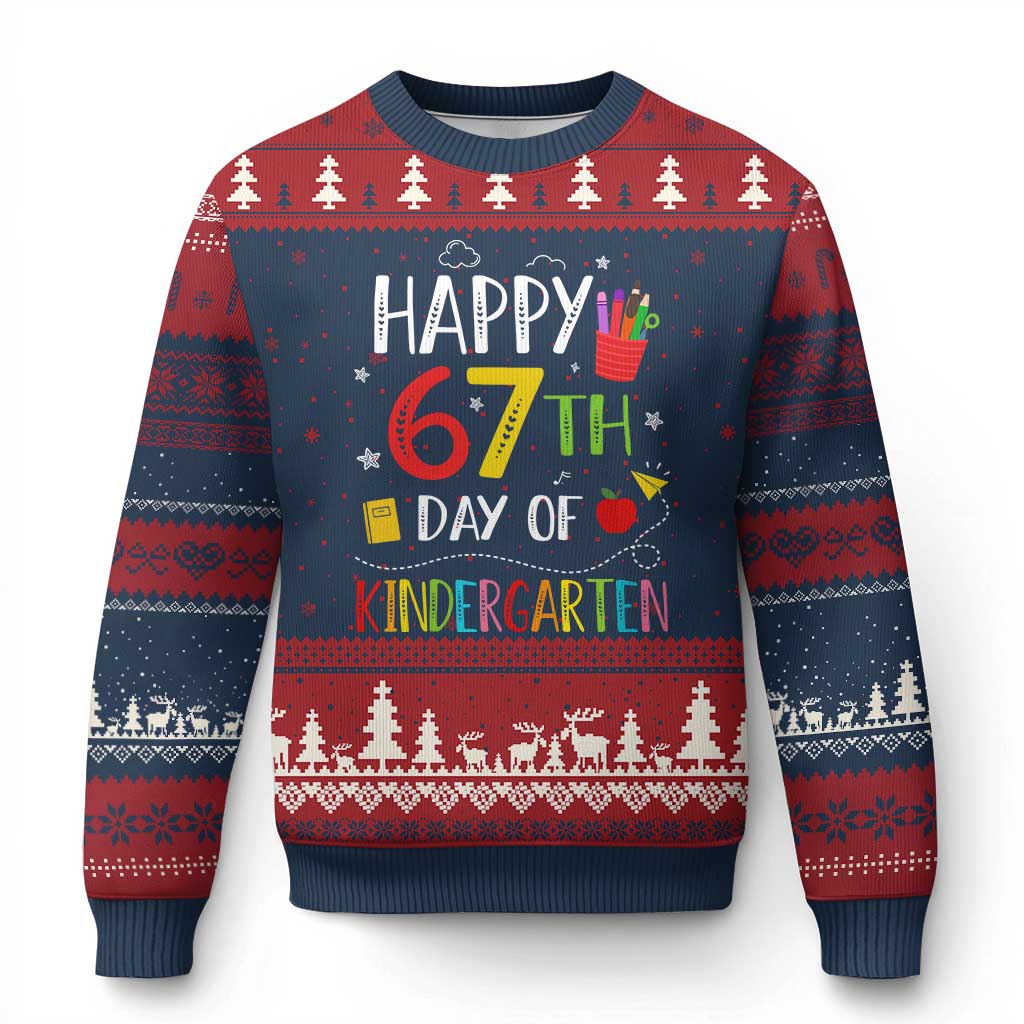 67 Days Of Kindergarten Ugly Christmas Sweater Happy 67th Day Of School Teachers Student Meme - Wonder Print Shop