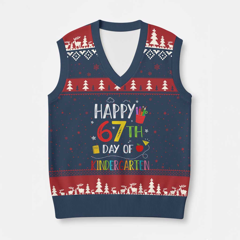 67 Days Of Kindergarten V-Neck Knit Sweater Vest Happy 67th Day Of School Teachers Student Meme - Wonder Print Shop