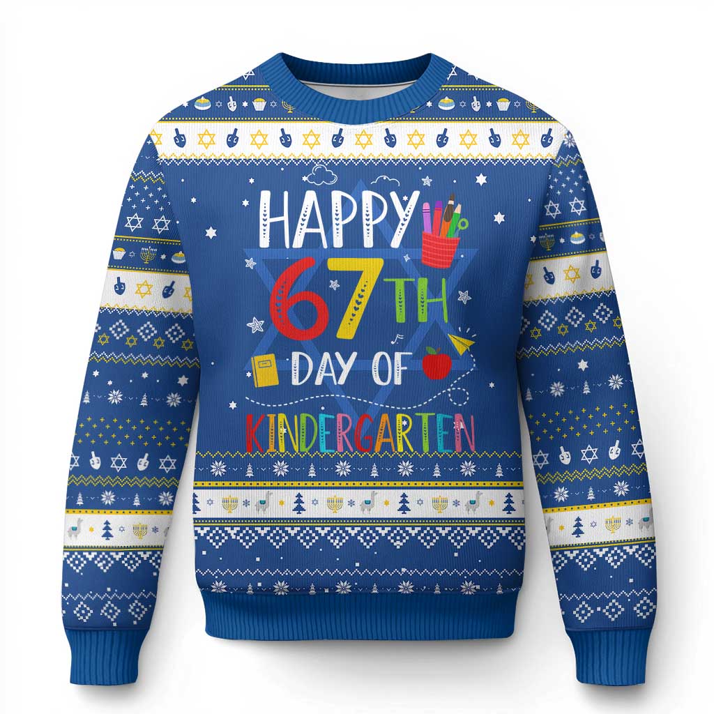 67 Days Of Kindergarten Hanukkah Ugly Sweater Happy 67th Day Of School Teachers Student Meme - Wonder Print Shop