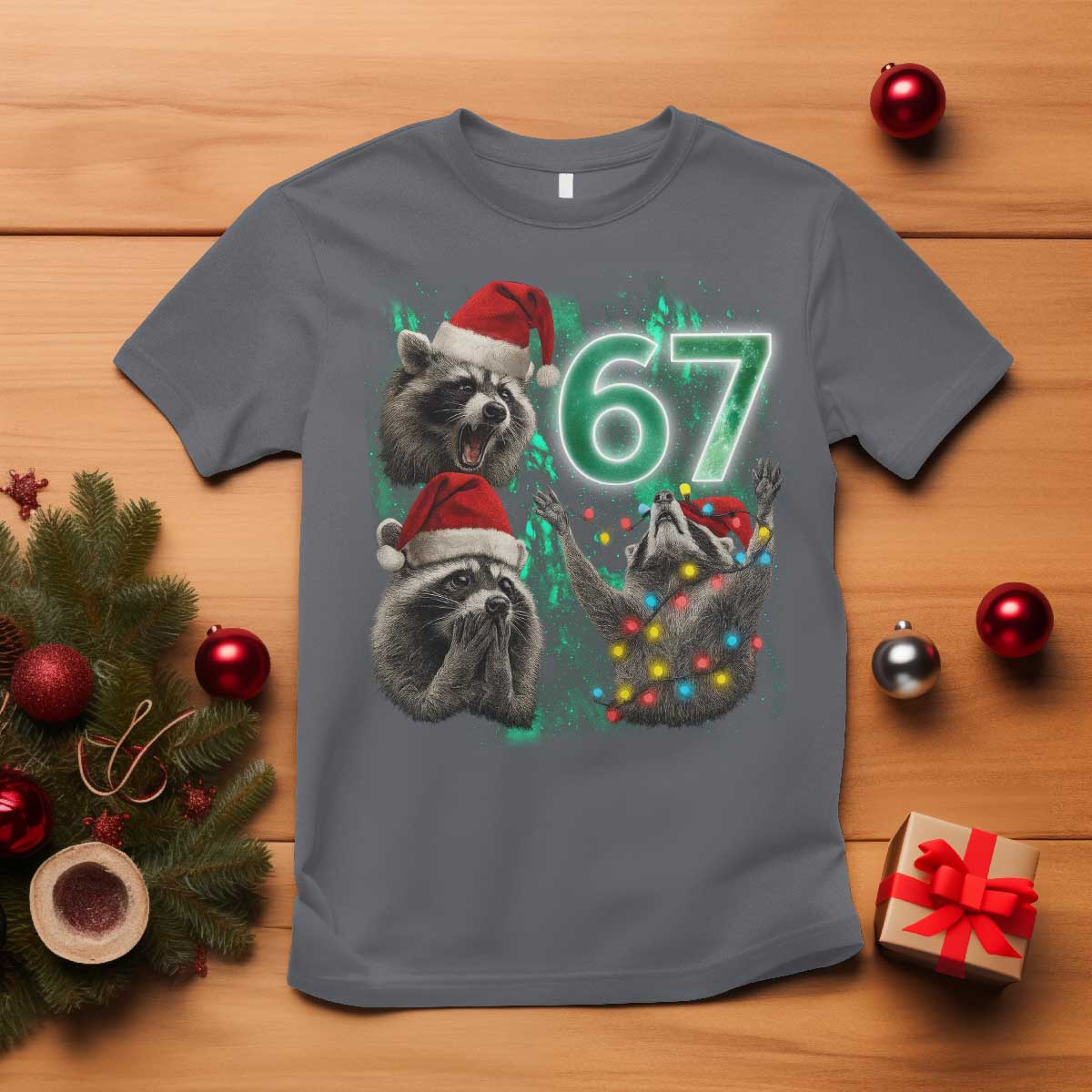 Funny Christmas 67 Meme Racoon T Shirt Howling at The Moon - Wonder Print Shop