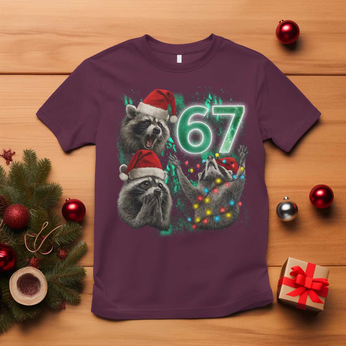 Funny Christmas 67 Meme Racoon T Shirt Howling at The Moon - Wonder Print Shop
