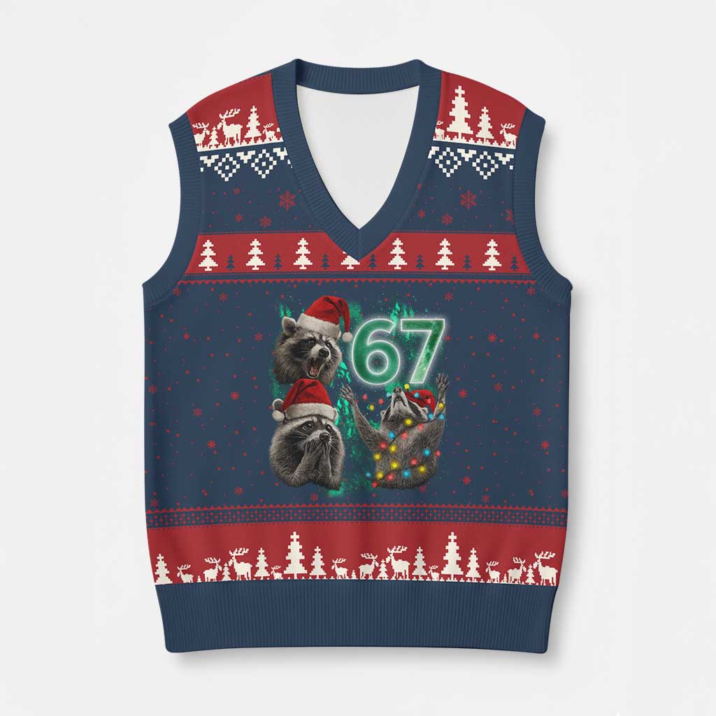 Funny Xmas 67 Meme Racoon V-Neck Knit Sweater Vest Howling at The Moon - Wonder Print Shop